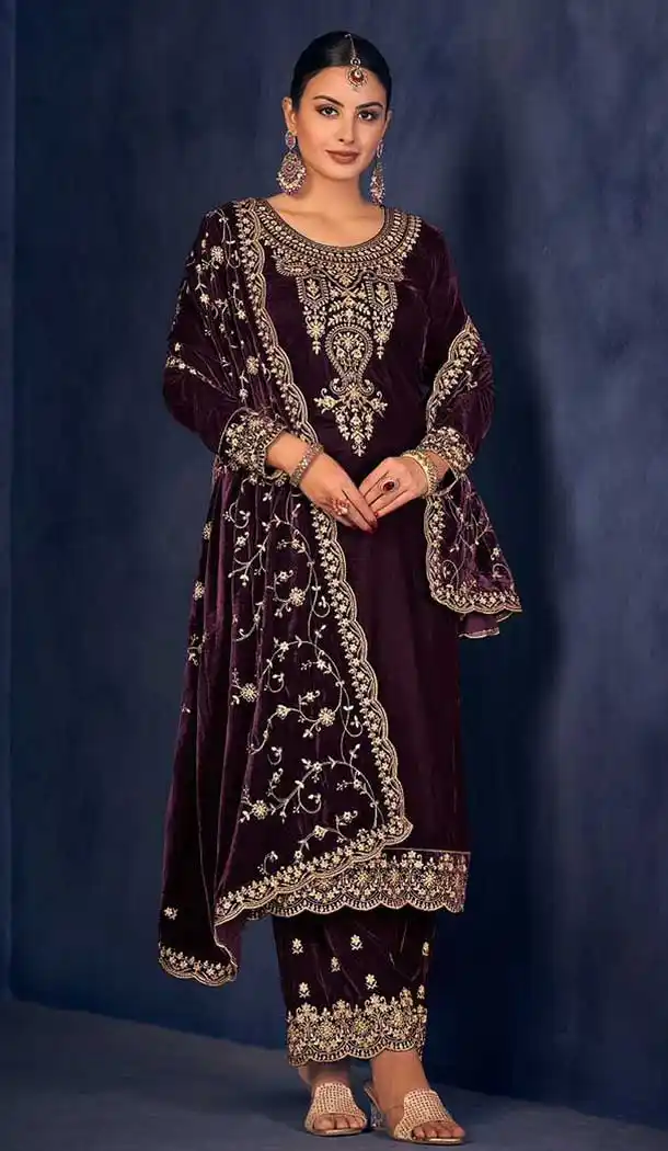 Wedding Wear Purple Color Velvet With Embroidery Work Palazzo Salwar Kameez - 7946179237