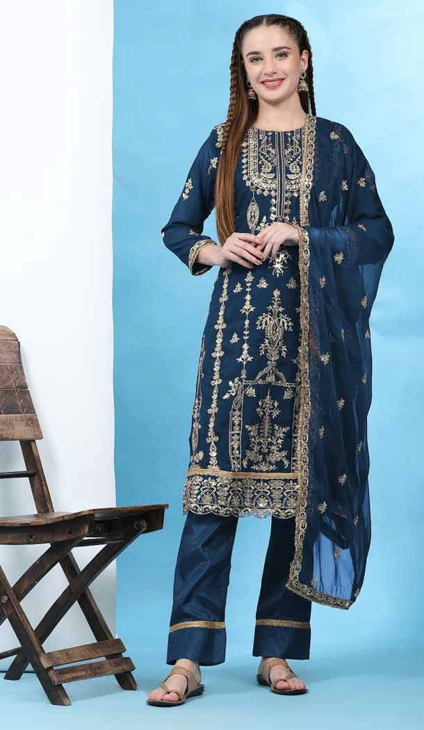 Traditional Faux Georgette Embroidered Blue Designer Evening Wear Salwar Kameez - 7931179092
