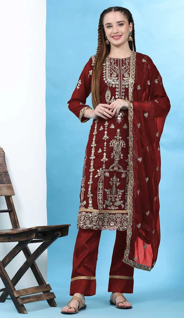 Traditional Faux Georgette Embroidered Maroon Designer Evening Wear Salwar Kameez - 7931179093