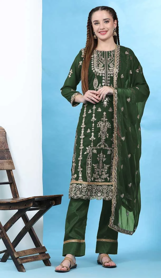 Traditional Faux Georgette Embroidered Green Designer Evening Wear Salwar Kameez - 7931179094