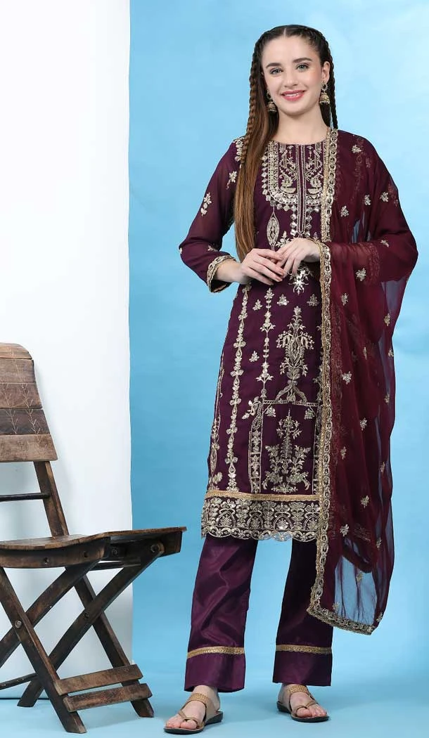 Traditional Faux Georgette Embroidered Purple Designer Evening Wear Salwar Kameez - 7931179095