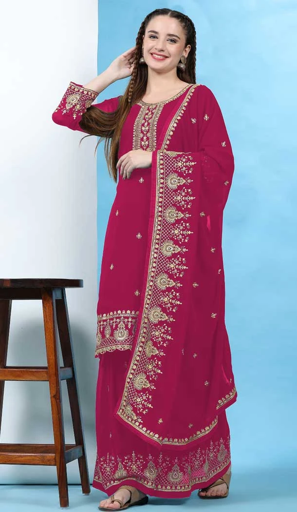 Faux Georgette Embroidery Work Wedding Wear Traditional Designer Sharara Suit In Pink - 7932179097