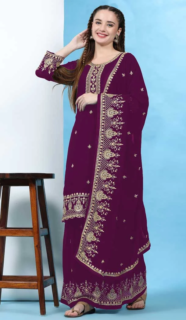 Faux Georgette Embroidery Work Wedding Wear Traditional Designer Sharara Suit In Purple - 7932179099