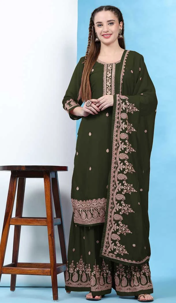Green Color Georgette With Embroidery Work Festival Wear Pakistani Palazzo Salwar Kameez - 7933179101