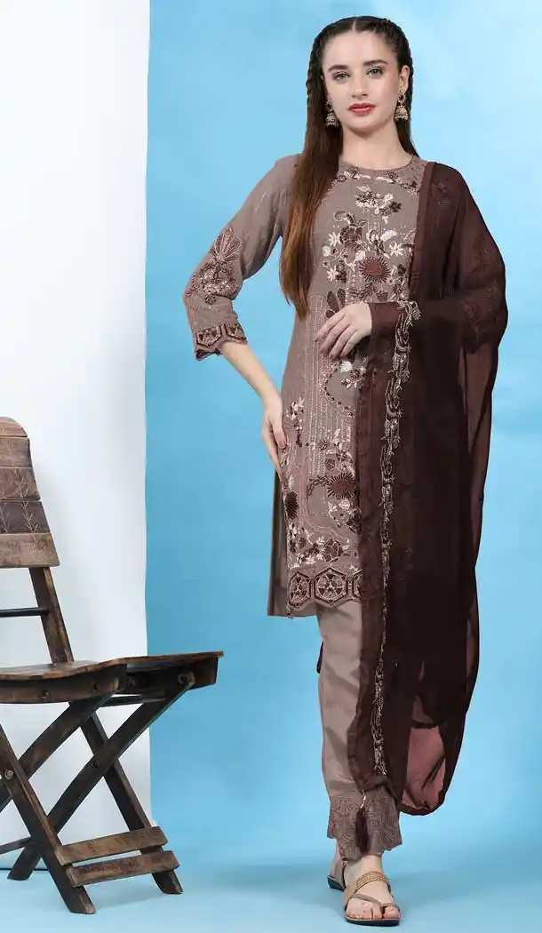 Brown Faux Georgette Embroidered Festival Wear Pakistani Salwar Suit -7947179238