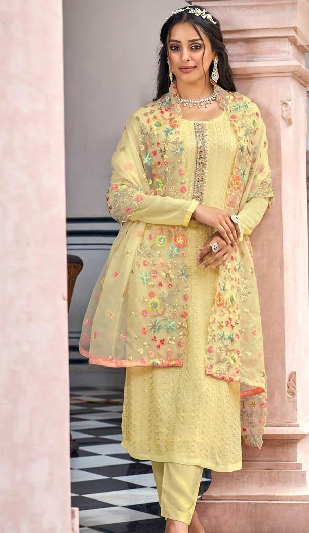 Faux Georgette With Embroidery Work Festival Wear Traditional Salwar Kameez In Lemon Color - 7948179246