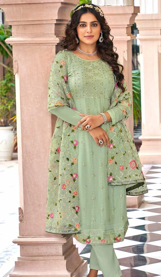 Faux Georgette With Embroidery Work Festival Wear Traditional Salwar Kameez In Green - 7948179244