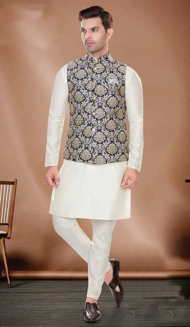 Wedding Wear Cream Art Silk Resham And Zari Work Designer Men's Kurta Pajama With Jacket - 7950179264