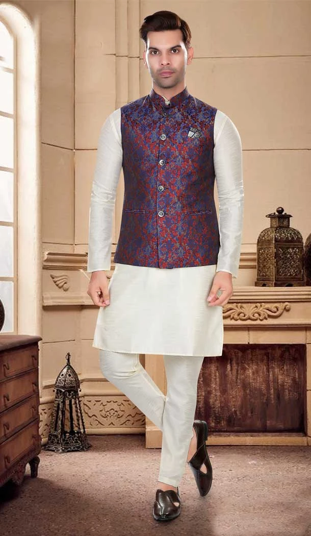 Wedding Wear Art Silk Resham And Zari Work Designer Men's Kurta Pajama With Jacket In Cream - 7950179265