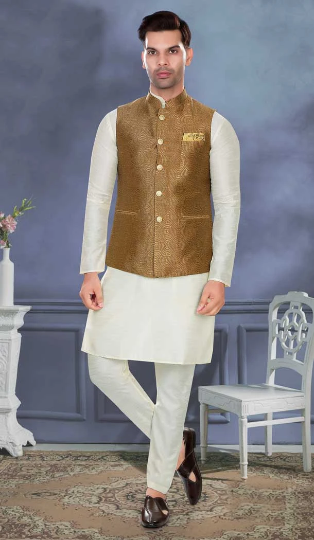 Wedding Wear Cream Resham And Zari Work Art Silk Designer Men's Kurta Pajama With Jacket - 7950179267