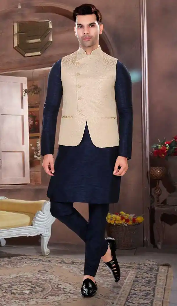 Navy Blue Wedding Wear Art Silk Resham And Zari Work Designer Men's Kurta Pajama With Jacket - 7950179268