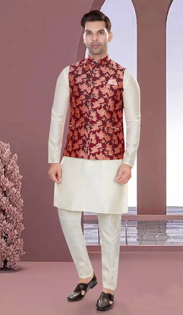 Classy Cream Wedding Wear Art Silk Resham And Zari Work Designer Men's Kurta Pajama With Jacket - 7950179270