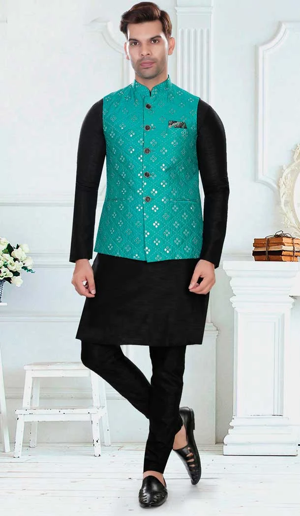 Wedding Wear Art Silk Resham And Zari Work Designer Men's Kurta Pajama With Jacket In Black - 7950179272