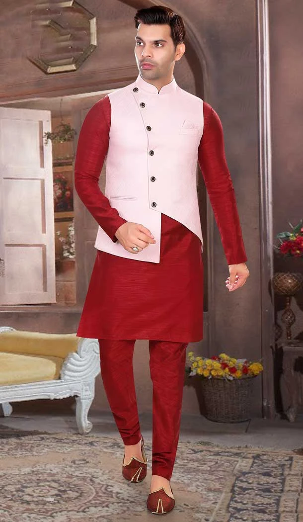 Wedding Wear Maroon Art Silk Resham And Zari Work Designer Men's Kurta Pajama With Jacket - 7950179274