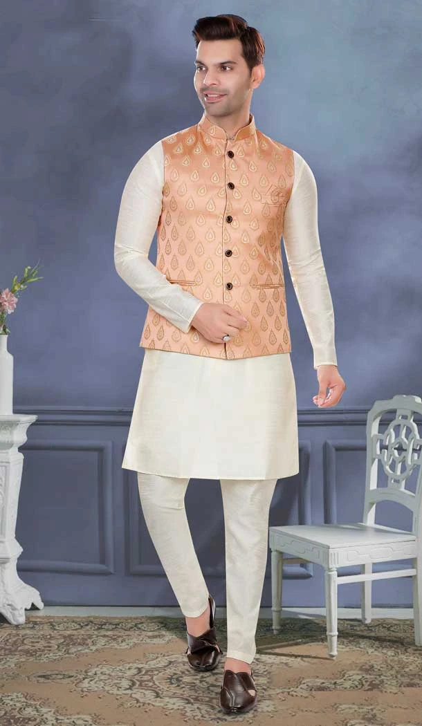 Wedding Wear In Cream Color Resham And Zari Work Art Silk Designer Men's Kurta Pajama With Jacket - 7950179275