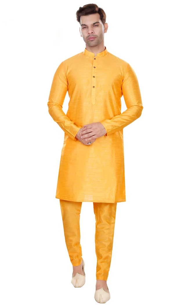 Yellow Wedding Wear Art Silk Resham And Zari Work Designer Men's Kurta Pajama With Jacket - 7950179280