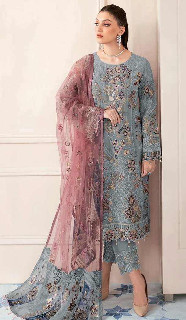 Designer Grey Embroidery Work Faux Georgette  Party Wear Salwar Kameez  - 7934179108
