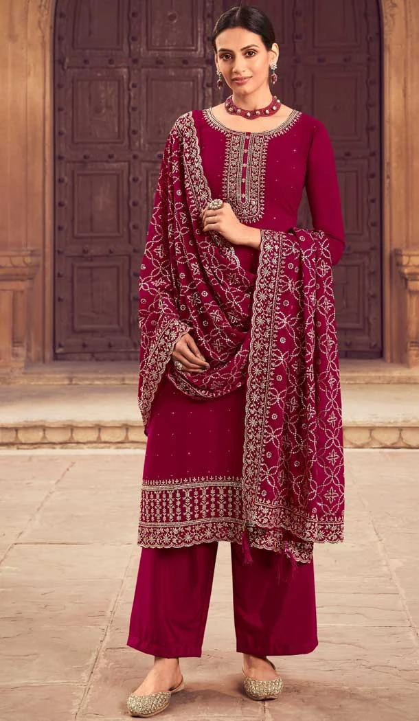 Maroon Faux Georgette Embroidery Work Evening Party Wear Palazzo Salwar Suit - 7935179109