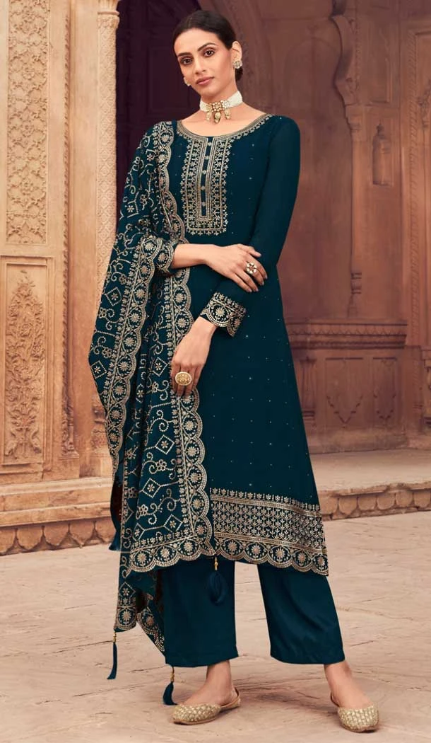 Blue Faux Georgette Embroidery Work Evening Party Wear Palazzo Salwar Suit - 7935179110