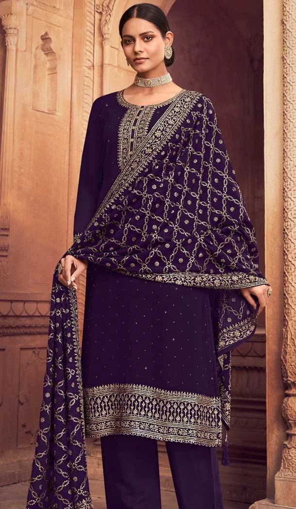 Purple Faux Georgette Embroidery Work Evening Party Wear Palazzo Salwar Suit - 7935179111
