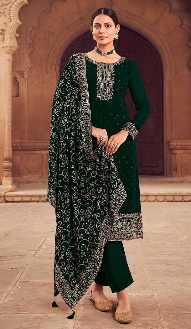 Green Faux Georgette Embroidery Work Evening Party Wear Palazzo Salwar Suit - 7935179112