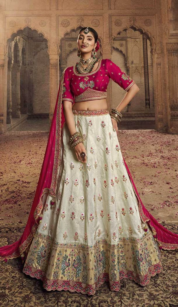 Traditional Wedding Wear Viscose Embroidery Work Lehenga Choli In Off White - 7953179292