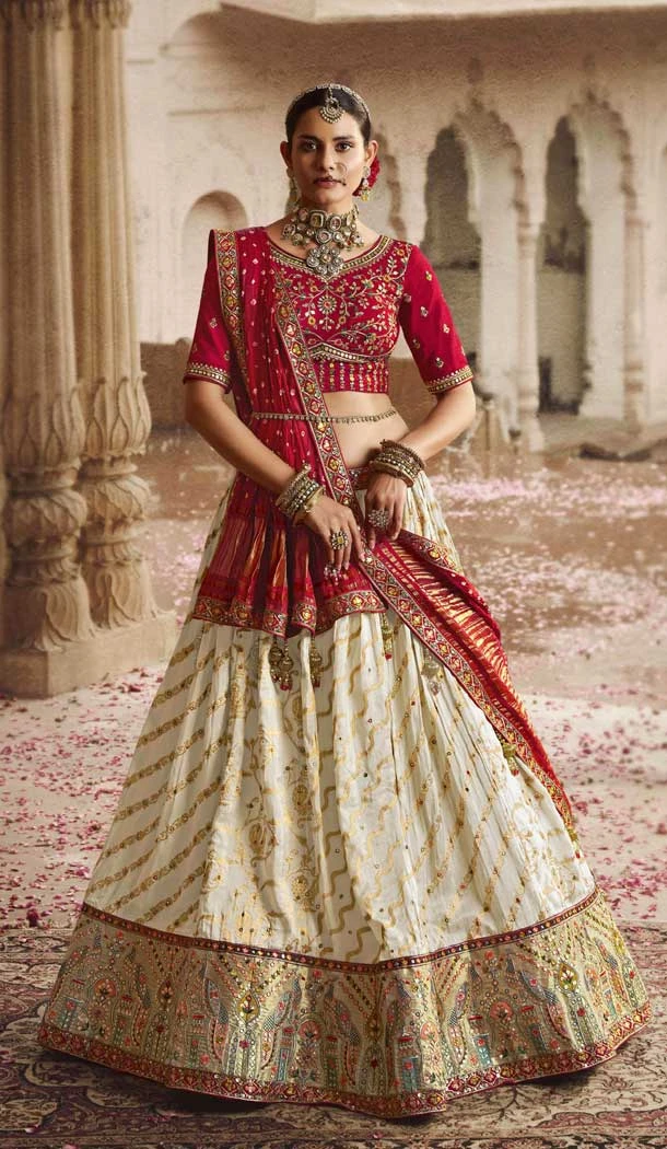 Traditional Wedding Wear Viscose Embroidery Work Lehenga Choli In Cream - 7953179295