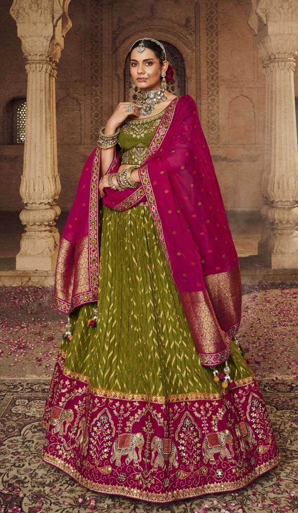 Green Traditional Wedding Wear Viscose Embroidery Work Lehenga Choli - 7953179297