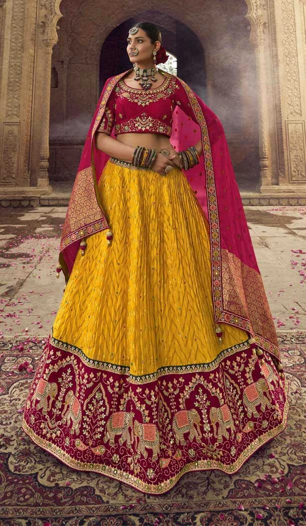 Traditional Wedding Wear Viscose Embroidery Work Lehenga Choli In Yellow - 7953179298