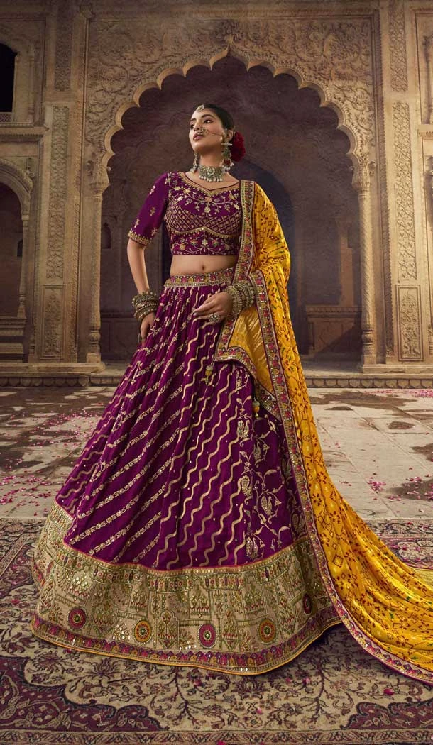 Purple Traditional Wedding Wear Viscose Embroidery Work Lehenga Choli - 7953179299