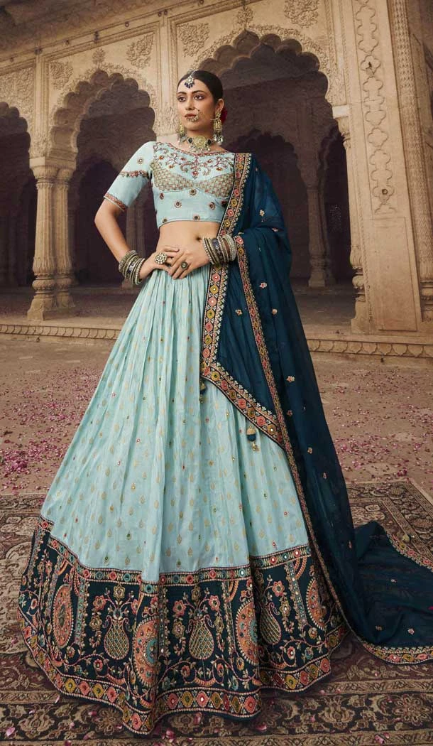 Traditional Wedding Wear Viscose Weaving Work Lehenga Choli In Sky Blue - 7953179300