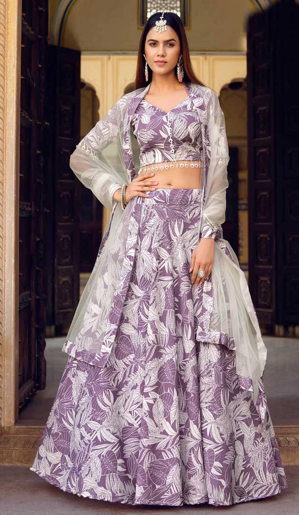 Crushed Silk With Floral Print Work Designer Party Wear Lehenga Choli In Lavender - 7954179301