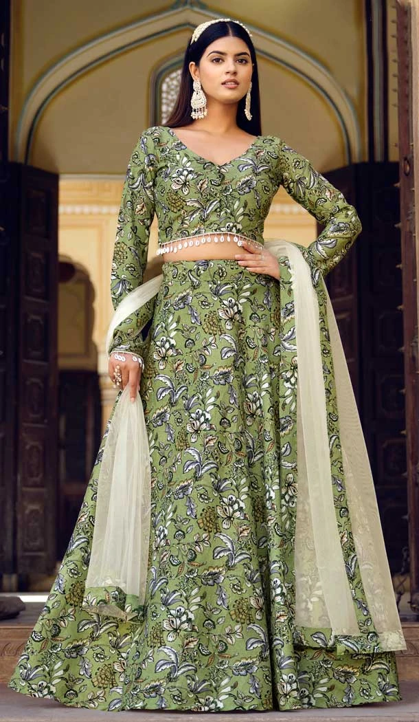 Crushed Silk With Floral Print Work Designer Party Wear Lehenga Choli In Green - 7954179302
