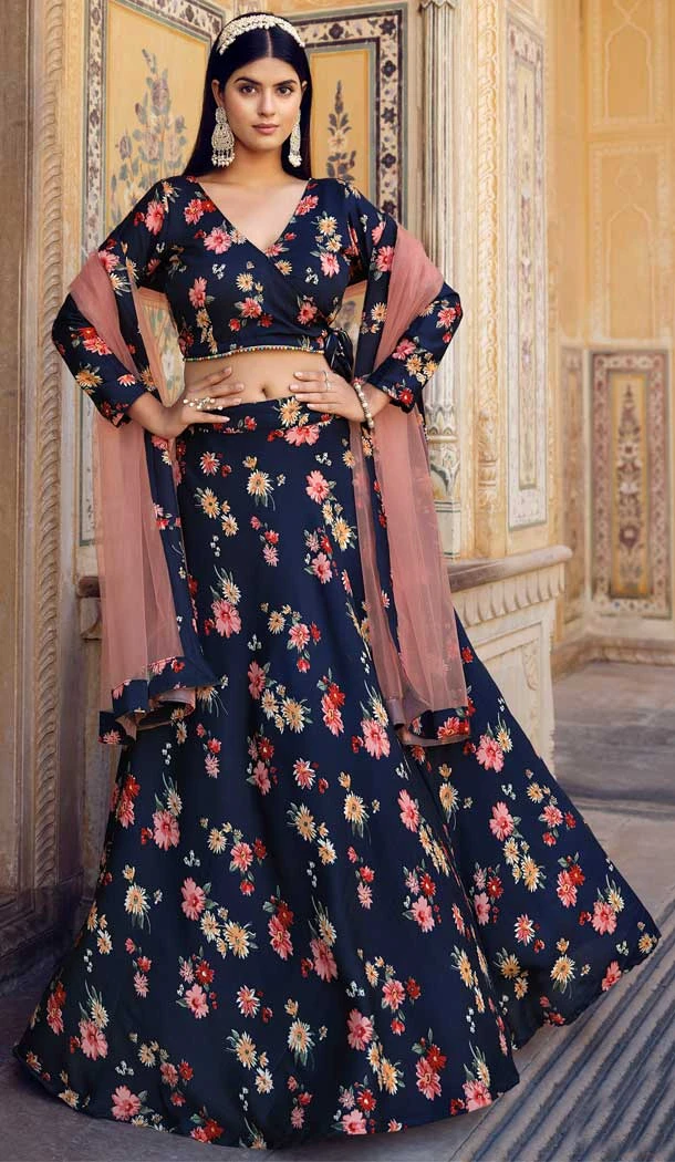 Crushed Silk With Floral Print Work Designer Party Wear Lehenga Choli In Navy Blue - 7954179304