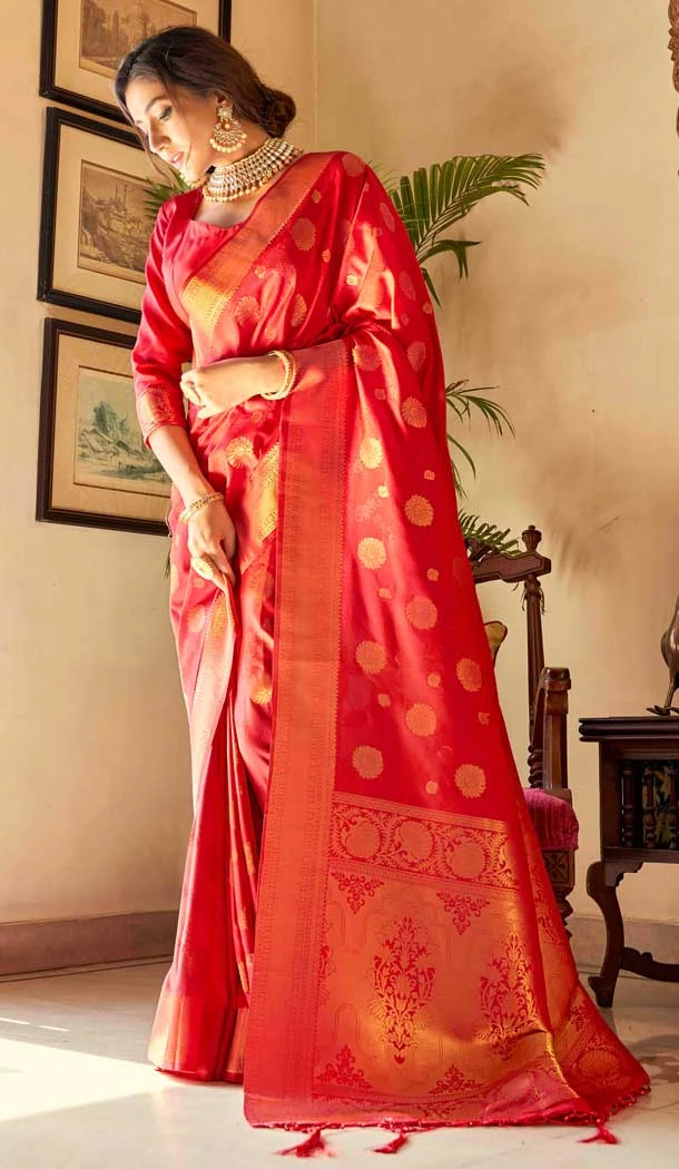 Traditional Attractive Red Weaving Silk Jacquard Work Party Wear Saree  - 7955179305