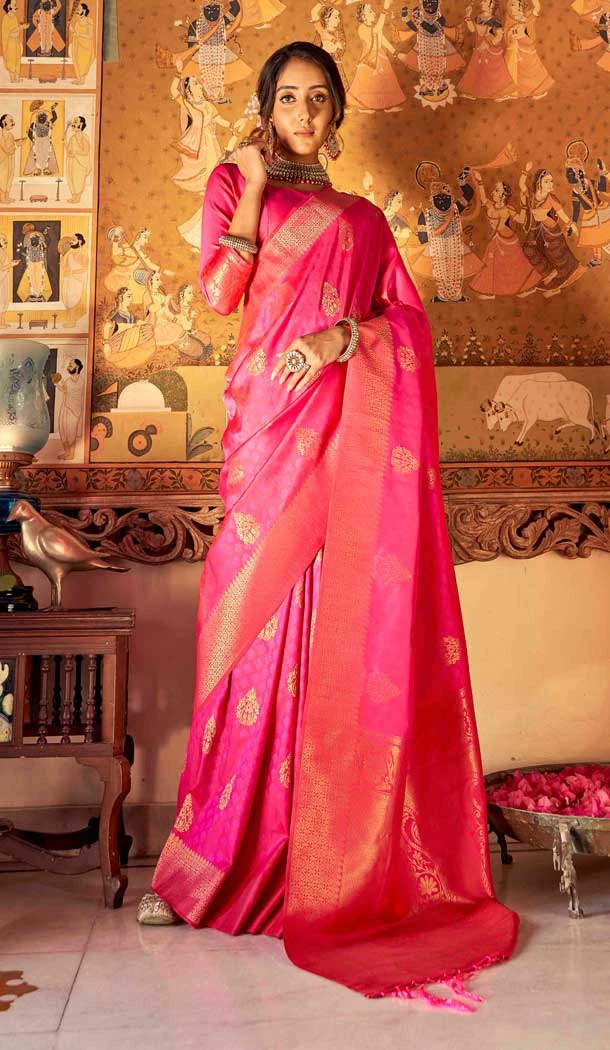Traditional Ethnic Pink Weaving Silk Jacquard Work Party Wear Saree  - 7955179307