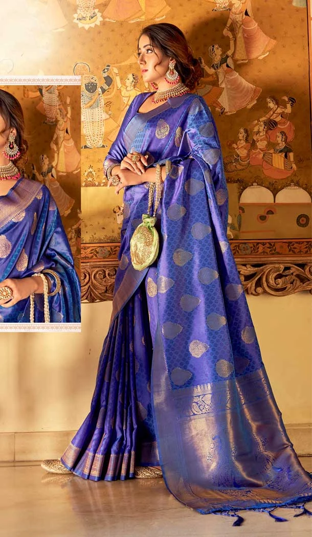 Traditional Elegant Blue Weaving Silk Jacquard Work Party Wear Saree  - 7955179308