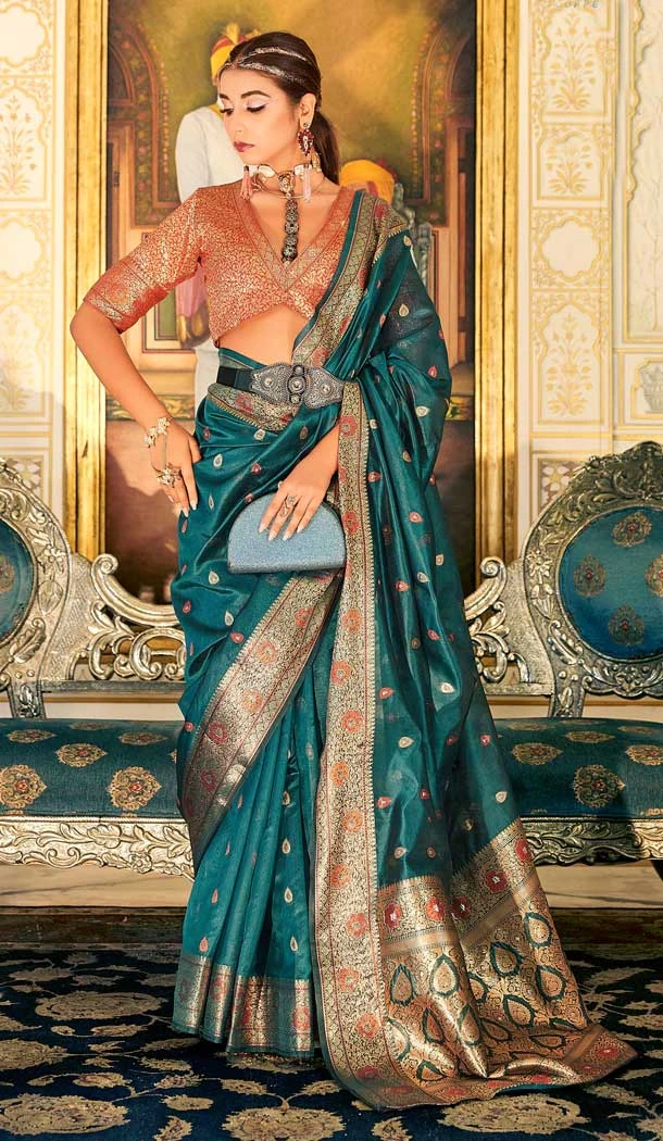 Teal Blue Wedding Wear Zari Weaving Work In Organza Silk Traditional Saree - 7956179310