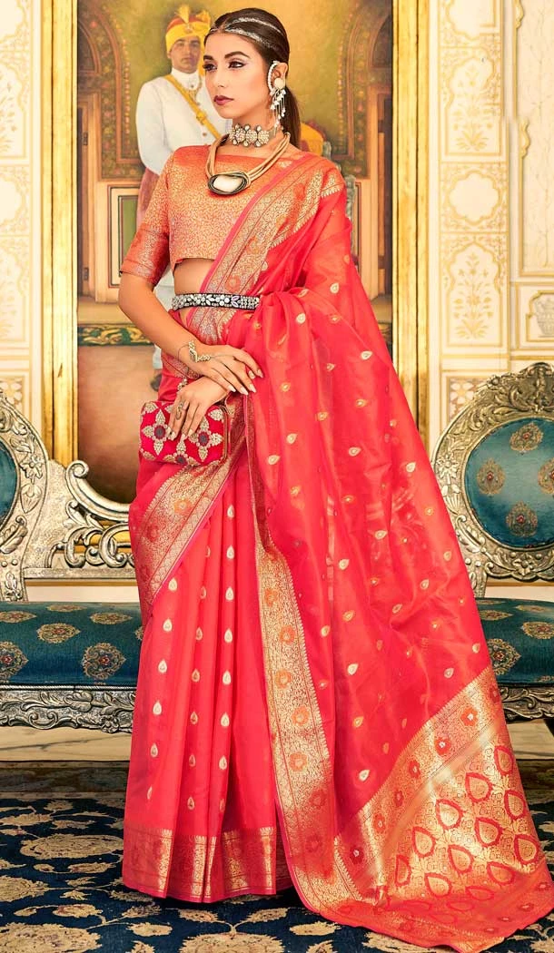 Pink Wedding Wear Zari Weaving Work In Organza Silk Traditional Saree - 7956179311