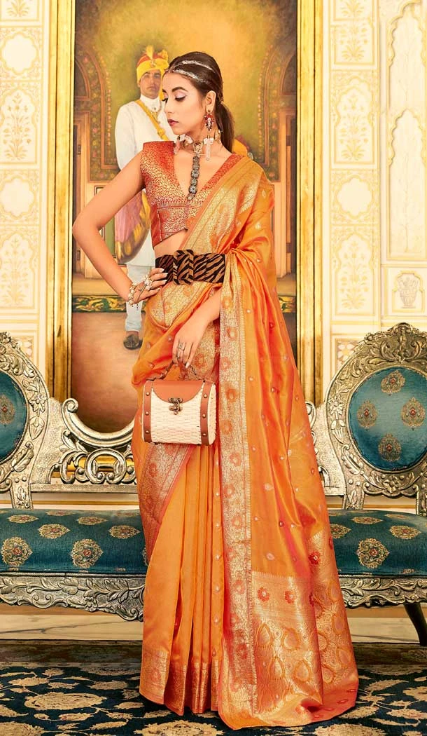 Mustard Wedding Wear Zari Weaving Work In Organza Silk Traditional Saree - 7956179312