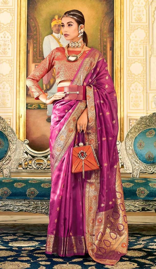 Purple Wedding Wear Zari Weaving Work In Organza Silk Traditional Saree - 7956179313