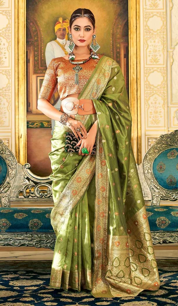 Green Wedding Wear Zari Weaving Work In Organza Silk Traditional Saree - 7956179314