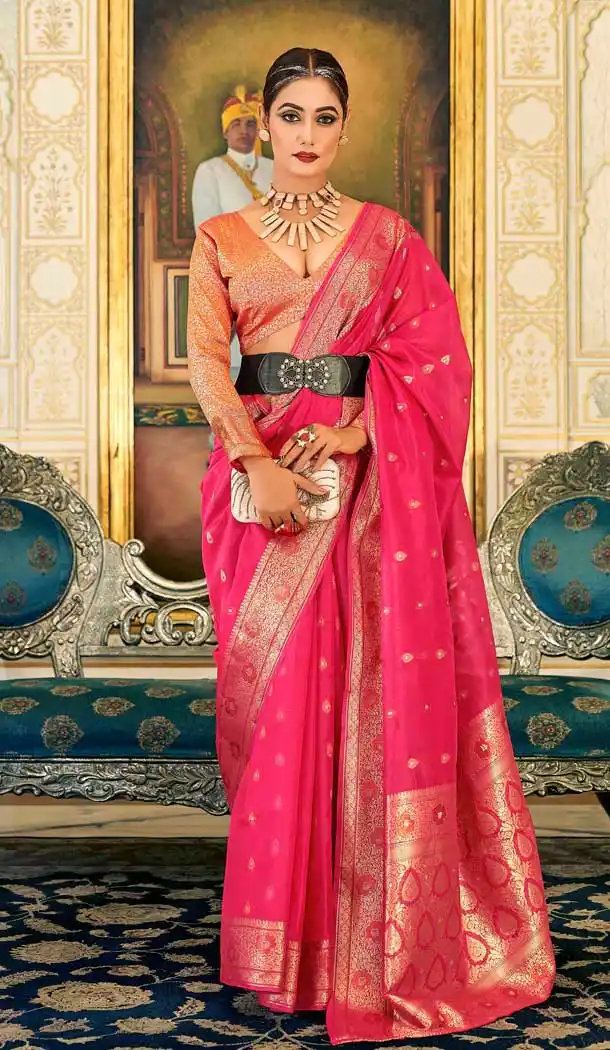 Wedding Wear Pink Zari Weaving Work In Organza Silk Traditional Saree - 7956179315