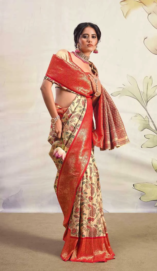 Beige And Red Print Work Pure Silk Designer Party Wear Saree - 7957179317