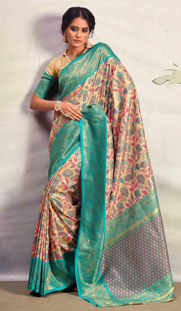 Teal Green Print Work Pure Silk Designer Party Wear Saree - 7957179320