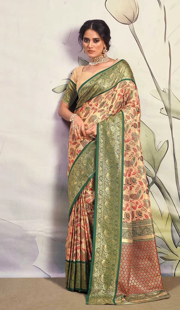 Golden Green Color Print Work Pure Silk Designer Party Wear Saree - 7957179322
