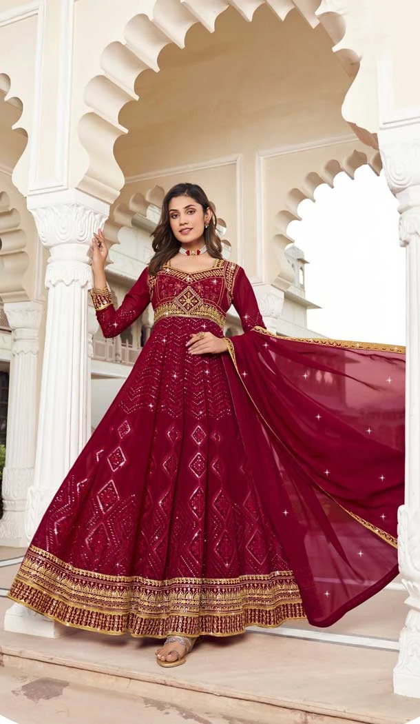 Designer Georgette Embroidery Work Readymade Party Wear Salwar Suit In Rani Color - 7965179390
