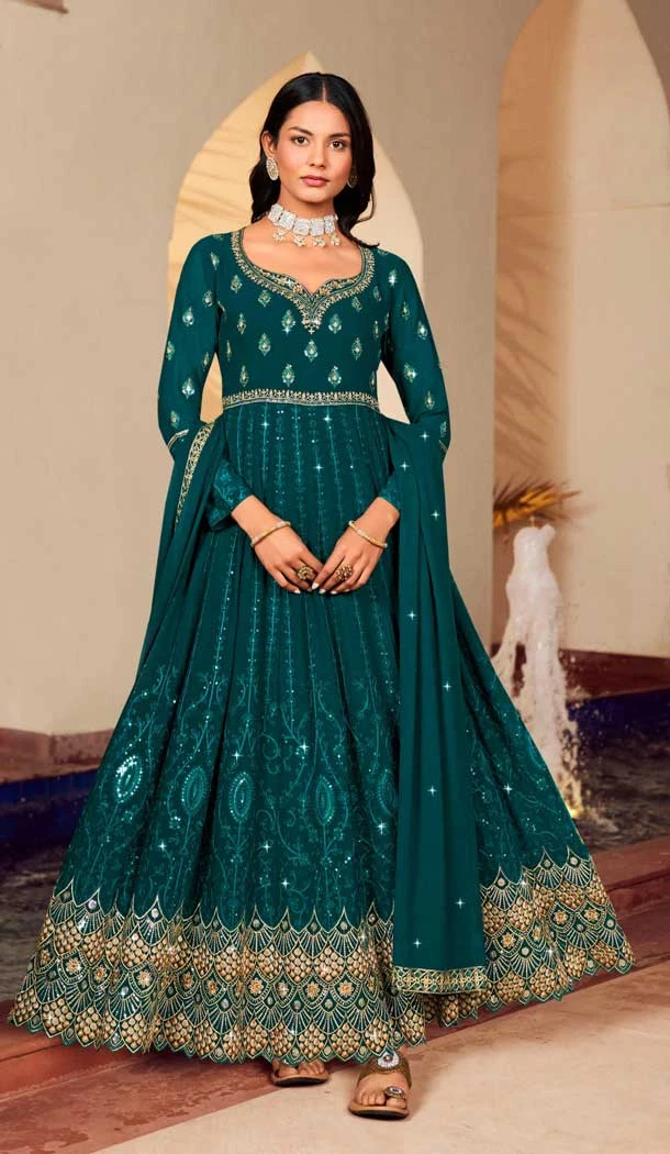 Designer Georgette Embroidery Work Readymade Party Wear Salwar Suit In Teal Color - 7965179391