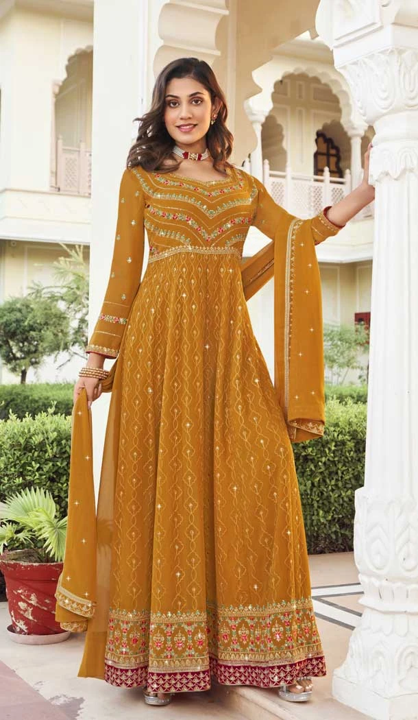 Designer Georgette Embroidery Work Readymade Party Wear Salwar Suit In Mustard Color - 7965179392