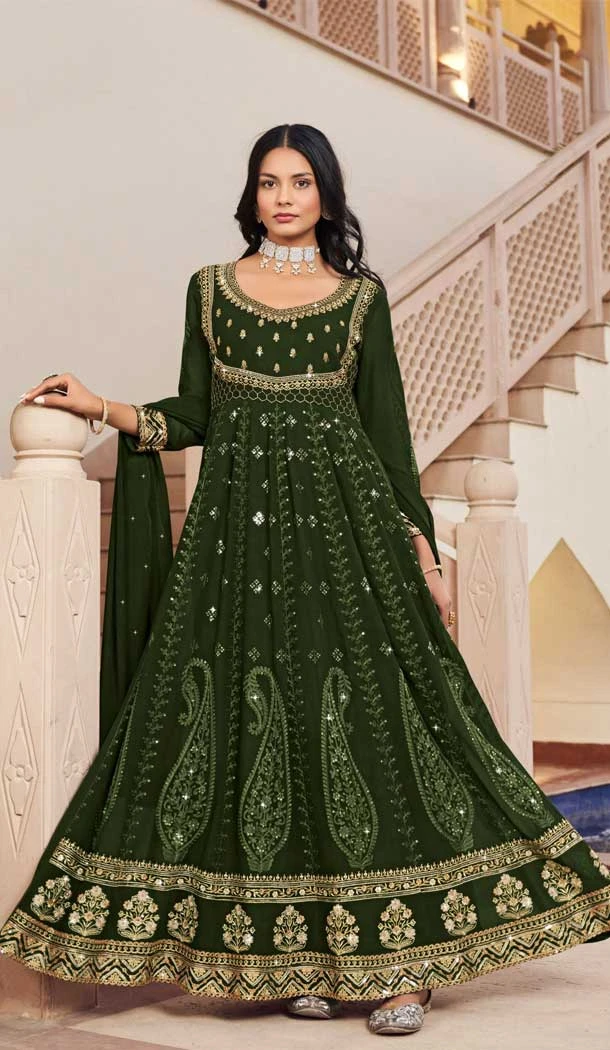 Designer Georgette Embroidery Work Readymade Party Wear Salwar Suit In Mehendi Color - 7965179393